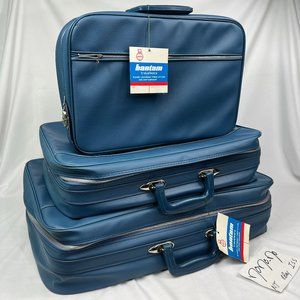 Bantam Travelware Suitcase Set 3pc Blue Luggage Bag Carry On Briefcase Vintage 2